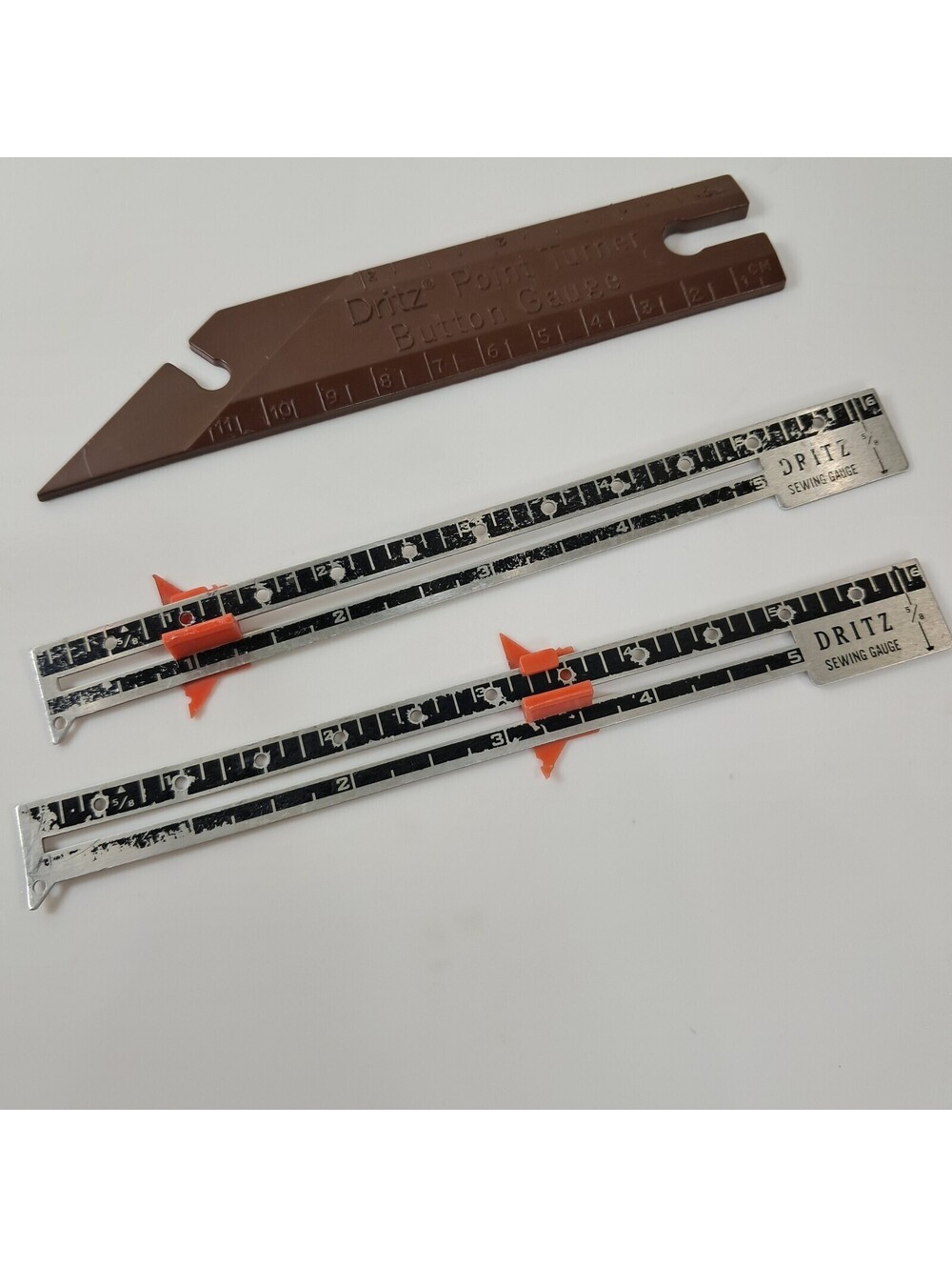 Vintage Dritz All Metal Measuring Sewing Gauge slide ruler & button gauge brown